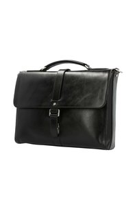 Black leather briefcase with top handle and front strap buckle closure, smooth texture, and silver hardware accents on a white background.