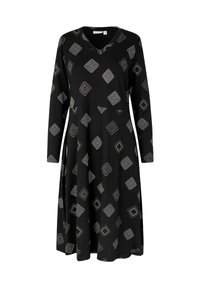 Robe noire en tissu doux, avec un décolleté en V, des manches longues et un motif géométrique de carrés en blanc et gris. Silhouette évasée.