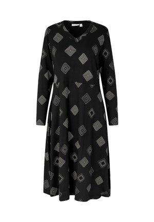 Black dress made of soft fabric, featuring a V-neck, long sleeves, and a geometric pattern of squares in white and gray. A-line silhouette.