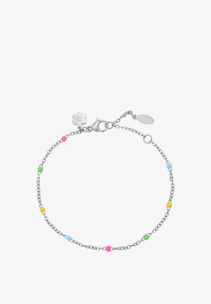 Silbernes Kettenarmband mit kleinen bunten Perlen in Pink, Grün, Blau und Gelb, mit einem blumenförmigen Anhänger nahe dem Verschluss.