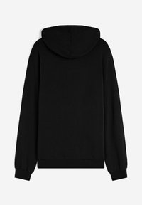 Felpa nera con cappuccio e maniche lunghe, realizzata in tessuto morbido. Presenta polsini e orlo a costine, con un semplice design sul retro.