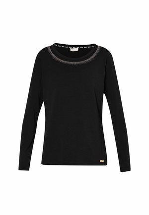 Maglietta nera a maniche lunghe in morbido tessuto, con scollatura rotonda e dettagli decorativi, e un piccolo logo sull'orlo.