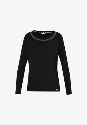 Maglietta nera a maniche lunghe in morbido tessuto, con scollatura rotonda e dettagli decorativi, e un piccolo logo sull'orlo.