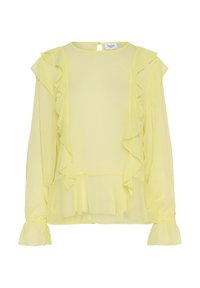 Ruffled yellow blouse with long sleeves, sheer fabric, rounded neckline, and flared cuffs, featuring layered ruffle details along the front.