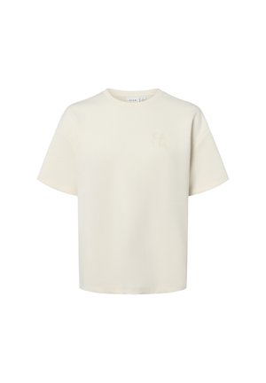 Kurzärmliges, cremefarbenes T-Shirt aus weichem Stoff, mit einem dezenten "CALM"-Druck auf der Brust und einem lässigen Schnitt.