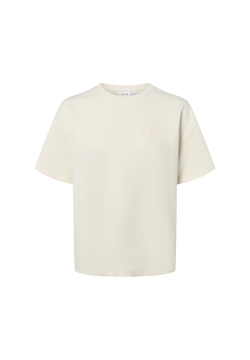 Kurzärmliges, cremefarbenes T-Shirt aus weichem Stoff, mit einem dezenten "CALM"-Druck auf der Brust und einem lässigen Schnitt.