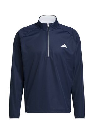 Mörkblå sportpullover med långa ärmar, vit kvartszippkrage och en liten vit Adidas-logotyp på vänster bröst.
