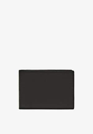 Portafoglio in pelle nera con una texture liscia, forma rettangolare, bordi cuciti e un design semplice e minimalista.
