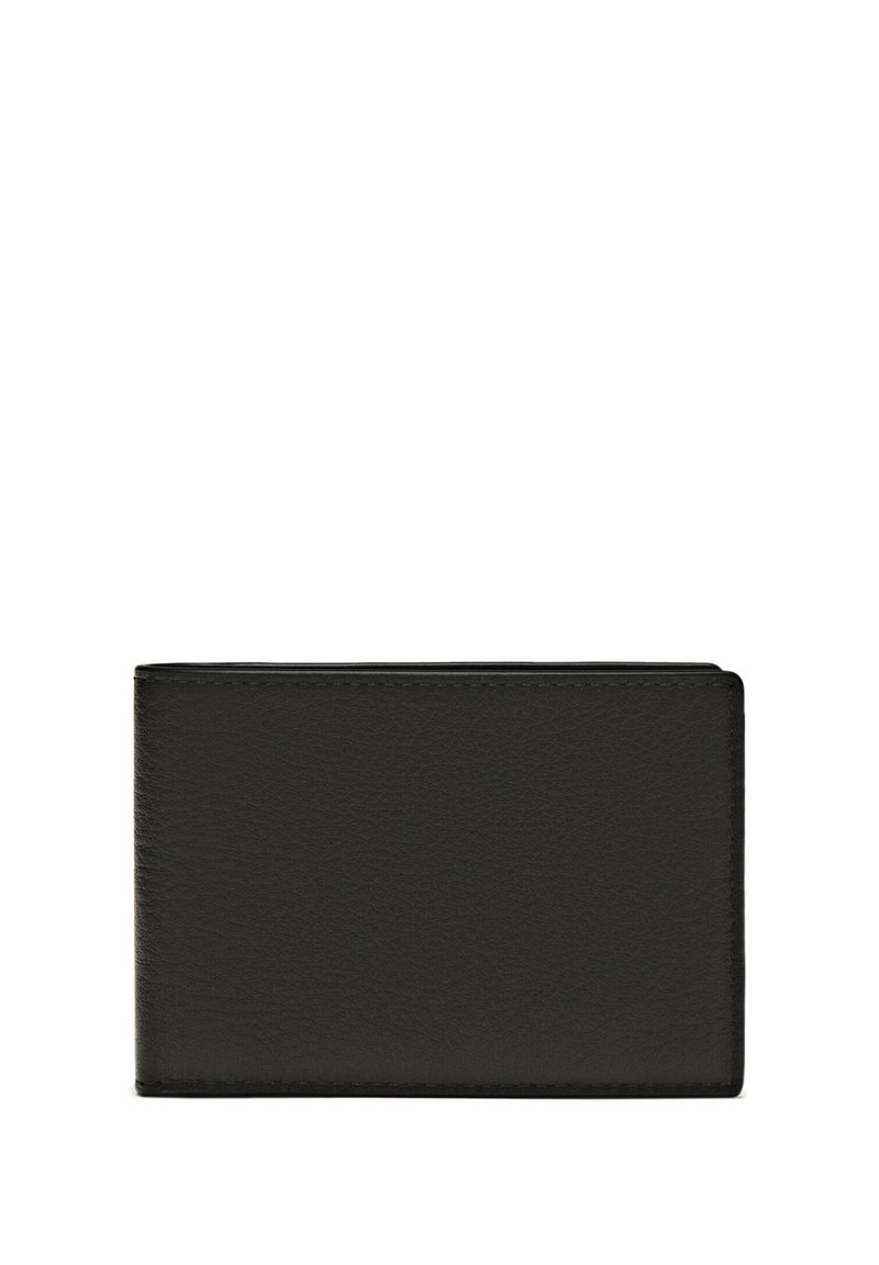 Portafoglio in pelle nera con una texture liscia, forma rettangolare, bordi cuciti e un design semplice e minimalista.