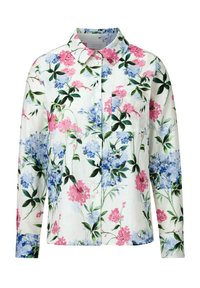 Bloemige button-up shirt met een witte achtergrond en blauwe en roze bloemenpatronen, een kraag, lange mouwen en een borstzak.