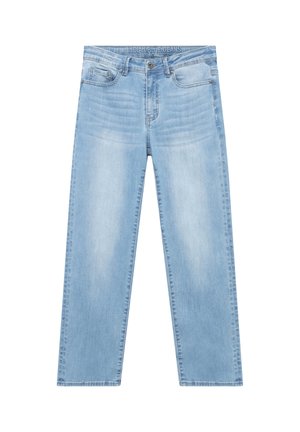 Lichtblauwe jeans met rechte pijpen, voorzakken en knoopsluiting, vervaagde details op dijen en knieën.