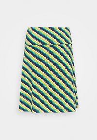 Monivärinen kietaisuhame, jossa on vino kuvio vihreässä, keltaisessa, valkoisessa ja tummansinisessä. Valmistettu sile�ästä, joustavasta kankaasta.