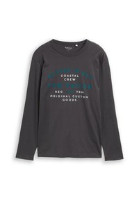 Graues Langarm-T-Shirt mit Rundhalsausschnitt, versehen mit blau-weißer Grafikschrift. Hergestellt aus weichem Stoff, mit normaler Passform und geradem Saum.