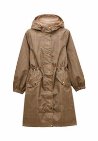 Căciulă cu glugă, impermeabilă, cu un model pătrat maro, talie ajustabilă cu șnur, manșete elastice și două buzunare frontale securizate cu capse. Fabricat din material rezistent la apă.