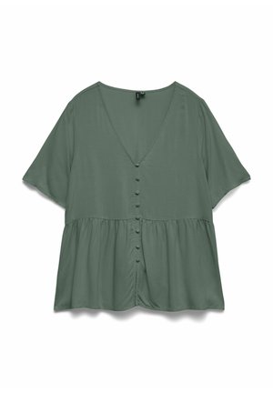 Lühikeste varrukatega salveiroheline pluus V-kaeluse, ees riidega kaetud nööpide ja kootud vöötoa detailiga, valgel taustal.