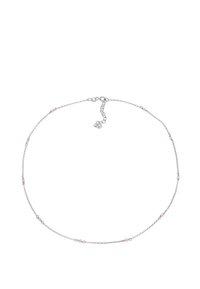 Collana in argento con piccoli perline rosa distanziate uniformemente lungo la lunghezza, dotata di chiusura a gancio e catena di estensione.
