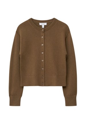 Brauner Strickcardigan mit Rundhalsausschnitt, langen Ärmeln und sechs Knöpfen vorne. Rippbündchen und Saum, aus weichem Textilmaterial gefertigt.