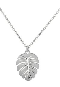 Collier en argent sterling avec un pendentif en forme de feuille de monstera, présentant des découpes, suspendu à une chaîne délicate.