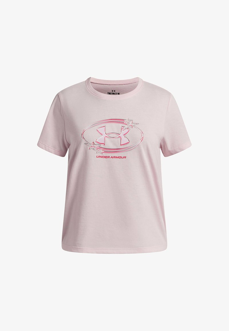 T-shirt en coton rose clair avec un logo circulaire Under Armour en rose foncé agrémenté d'étoiles blanches, manches courtes et col rond.