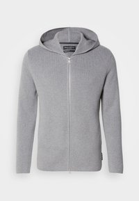 Lys grå strikket zip-up hettegenser med lange ermer og frontglidelås, med en liten merke etikett inni halsen.