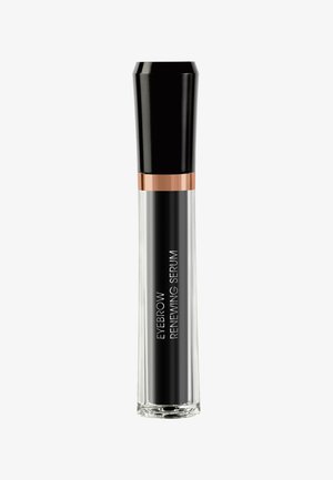 Augenbrauenserum in einem transparenten Glasröhrchen mit schwarzem Deckel und roségoldenen Akzenten. Der Text auf dem Röhrchen ist deutlich sichtbar.