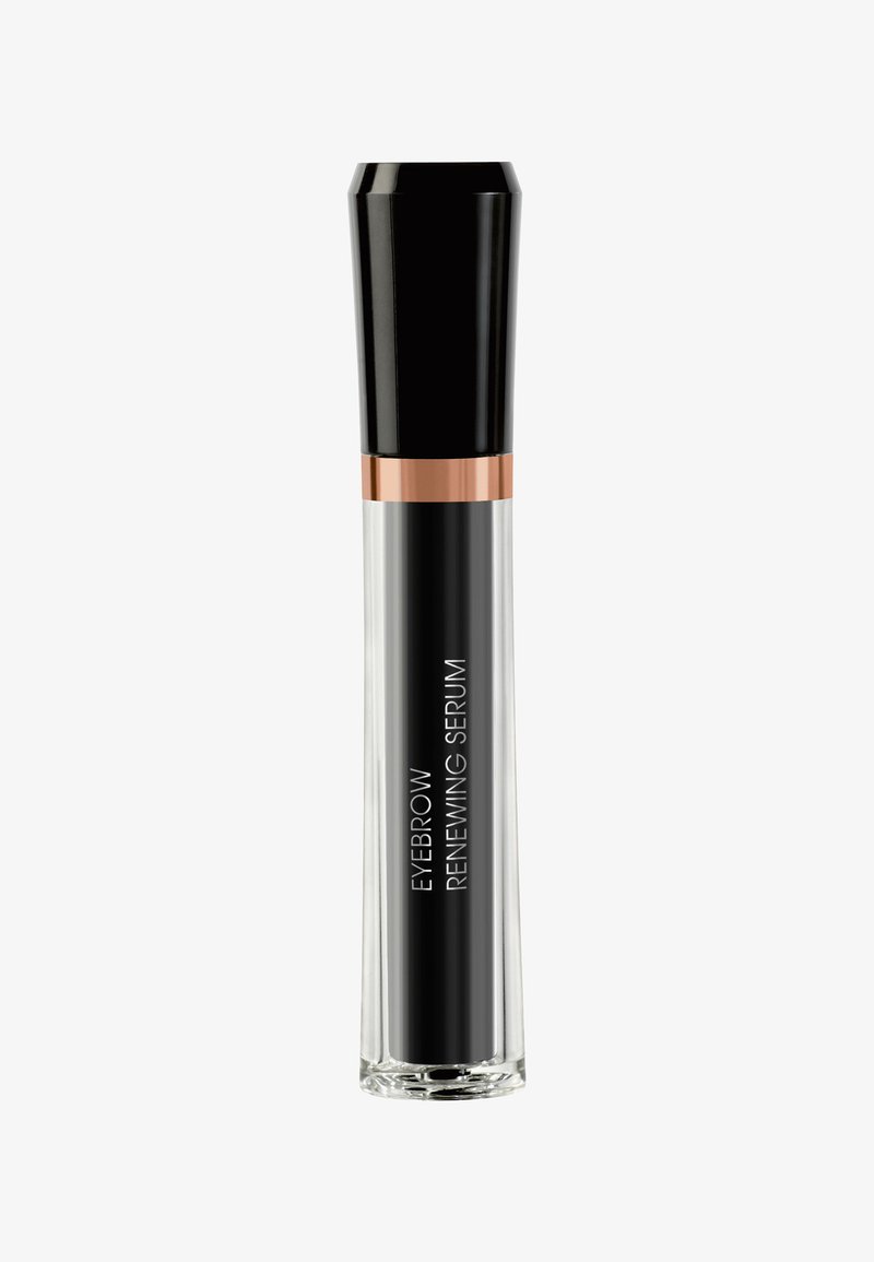 Sérum de renouvellement des sourcils dans un tube en verre transparent avec un capuchon noir et un accent rose doré. Le texte affiché sur le tube est clairement visible.