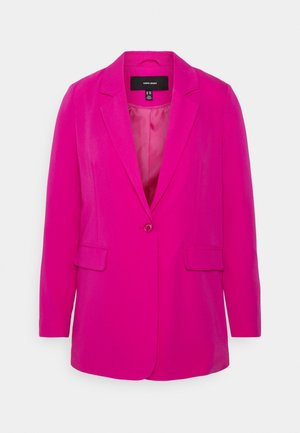 Lyserød enkeltknaps blazer med revers, klaplommer og glat inderfoer, vist fladt mod en hvid baggrund.