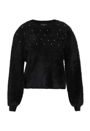 Pullover nero in peluche con maniche lunghe, collezione rotonda e borchie decorative argentate disposte in un motivo sulla zona del petto.