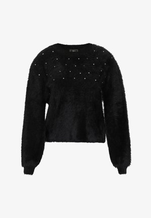 Fekete bolyhos pulóver hosszú ujjakkal, kerek nyakkivágással, és díszítő ezüst szegecsekkel, amelyek mintázatot alkotnak a mellkas területén.