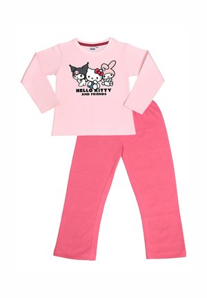 Light pink long-sleeve top with Hello Kitty and friends graphic and matching solid pink pants, children's two-piece outfit.