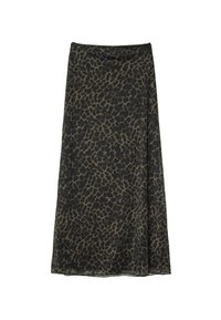 Gonna a stampa leopardata in tessuto leggero, con base nera e macchie color cammello, design lunghezza caviglia, vita elastica e leggera caduta.