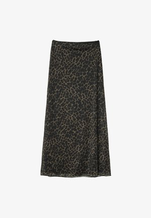 Leopard print skirt in lightweight fabric, featuring a black base with tan spots, ankle-length design, elastic waistband, and slight drape.