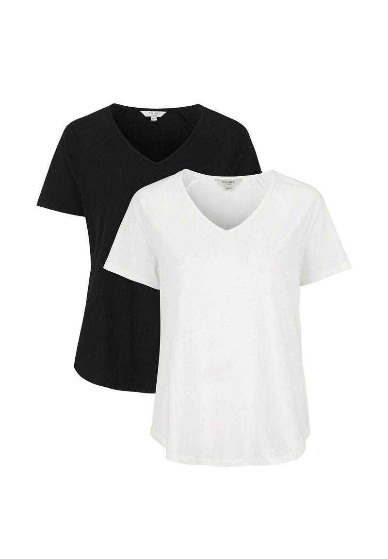 To V-hals t-shirts, en sort og en hvid. Begge har korte ærmer og en afslappet pasform, lavet af let, blødt stof.