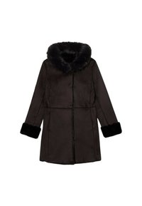 Abrigo de piel sintética negra con un grueso y suave cuello y puños de piel, diseño de longitud hasta la rodilla, textura lisa y costuras mínimas.