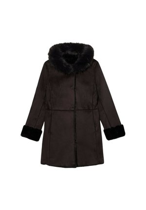 Schwarzer Kunstpelzmantel mit einem dicken, weichen Pelzkragen und -manschetten, knielangem Design, glatter Textur und minimalen Nähten.