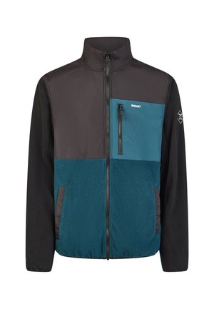 Herren-Fleecejacke mit durchgehendem Reißverschluss, hohem Kragen, schwarzen Ärmeln und türkis-schwarzen Farbblock-Panels, Reißverschlusstasche auf der Brust und Seitentaschen.