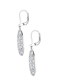 Pendientes de plata con un intrincado diseño calado en forma ovalada. Tienen cierre de palanca y un acabado pulido.