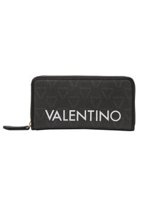 Black leather wallet with VALENTINO logo in bold white lettering. Features a textured surface and a zip closure with a small pull tab.
