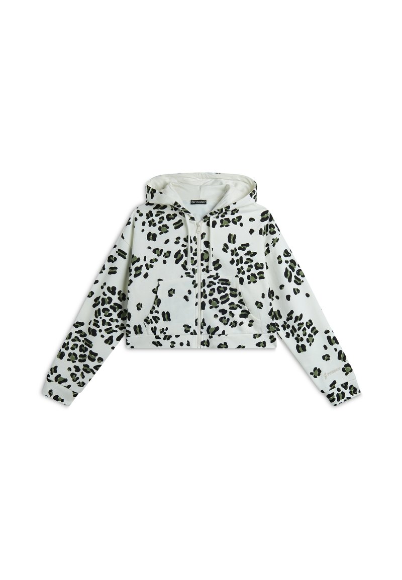 Hoodie cropped in tessuto bianco, con macchie di leopardo nere e verde oliva. Include una tasca frontale e un cappuccio con cordoncino.