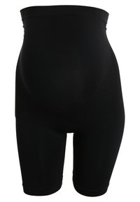 Høyt midje svarte shorts, glatt tekstur, elastisk stoff, kroppsnær design, og sømløse kanter for komfort og støtte.