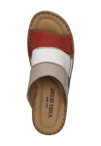 Slide sandal with red, white, and beige leather straps. Brown insole with stitched edging. Smooth texture, open-toe design.