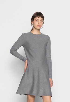 Hallide hall sleeves ja ümara kaelusega hall kleit, millel on laienev seelik. Pehme kangas sileda tekstuuriga, millel puuduvad mustrid või kaunistused.