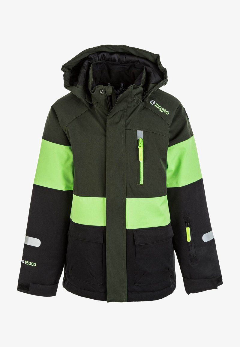 Sort og grøn vandtæt jakke med reflekterende detaljer, lynlåslommer og hætte, der kan tages af. Har klare grønne striber på ærmerne.