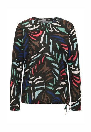 Haut à manches longues avec une base noire ornée d'un motif abstrait coloré de feuilles en verts, rouges et bleus ; comprend un cordon de serrage à l'ourlet.