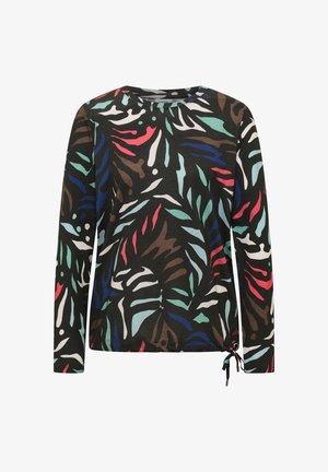 Bluzka z długim rękawem z czarną bazą i kolorowym, abstrakcyjnym wzorem liści w odcieniach zieleni, czerwieni i niebieskiego; posiada sznurek ściągający u dołu.