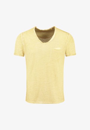 Gelbes Baumwoll-T-Shirt, Kurzarm, V-Ausschnitt-Design, ausgestattet mit einer kleinen, linken Brusttasche mit abgerundeter Kante. Weiche Textur mit leicht verblasstem Look.