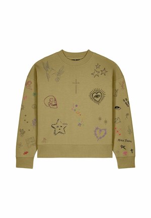 Felpa beige con scarabocchi neri, viola e rossi che includono stelle, teschio, cuore con occhio, uccelli, cactus e testo sul davanti e sulle maniche.