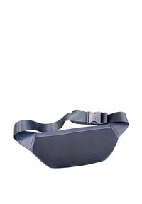 Borsa a vita di un blu navy scuro con un pannello frontale in rete testurizzata, bordi lisci e una tracolla regolabile con chiusura laterale per una vestibilità sicura.