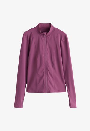 Langärmelige mauve Jacke mit Frontreißverschluss, Stehkragen und Daumenlöchern an den Ärmeln, konzipiert für sportliche oder legere Kleidung.