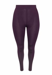Leggings morados con una cintura alta, tejido elástico y un diseño ajustado, con una textura suave y un color sólido en todo su cuerpo.